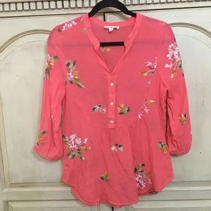 Hope Springs Women’s Coral Embroidered Button Front V-Neck Blouse Size S EUC